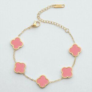 LUXE4LESS: Pink Four-Leaf Clover Bracelet 18k Gold-Plated Steel